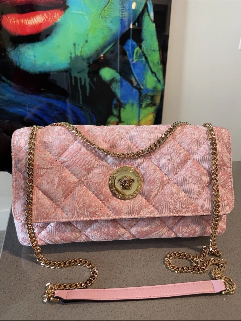 Versace Md Shoulder Bag Fabric Lamb Leather Baby Pink $1800 Retail Authe